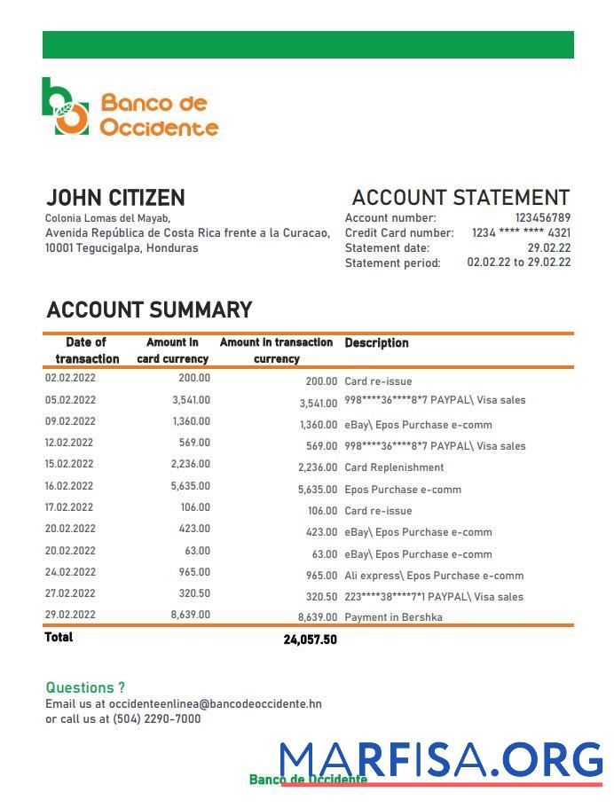 Blank Honduras Banco de Occidente bank statement excel sample